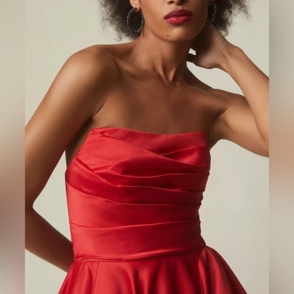 $598 Mac Duggal 11685 Womens Red Strapless Ruched Satin High Low Gown Maxi Dress - Picture 4 of 6